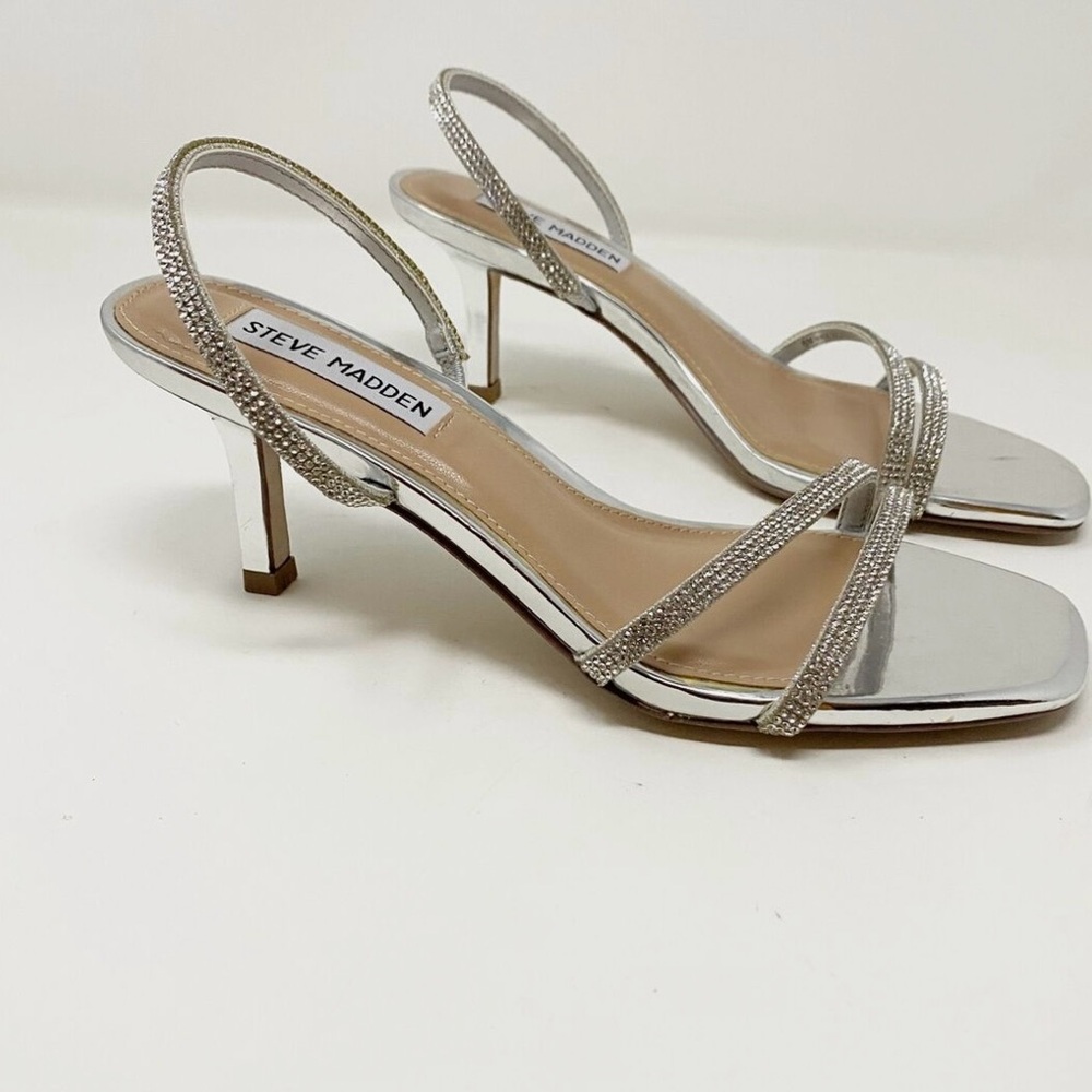 Steve Madden Silver Strappy Heeled Sandals Loft-R style Rhinestone